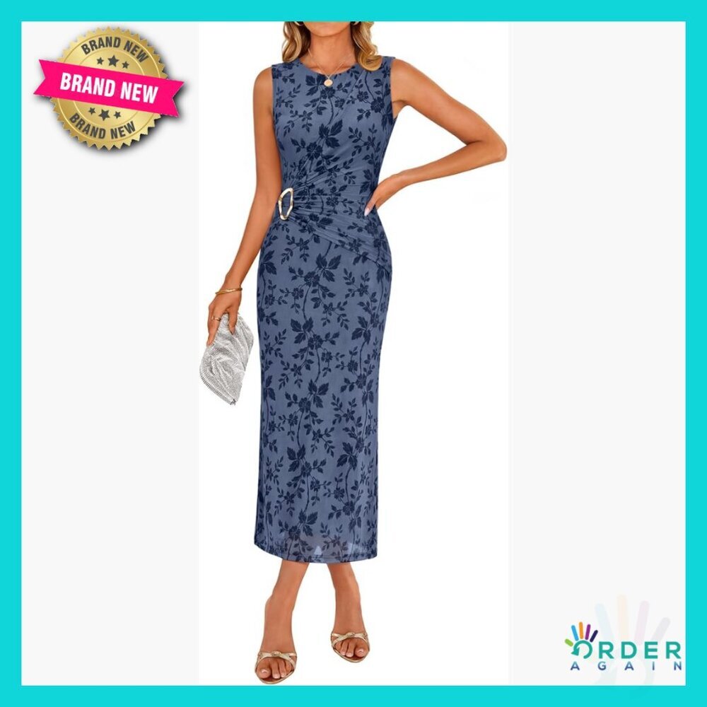 Sleeveless Floral Midi Dress Ruched Mesh Bodycon Cocktail Party Wedding Guest